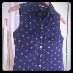 Banana republic navy, non-iron top (anchor print)